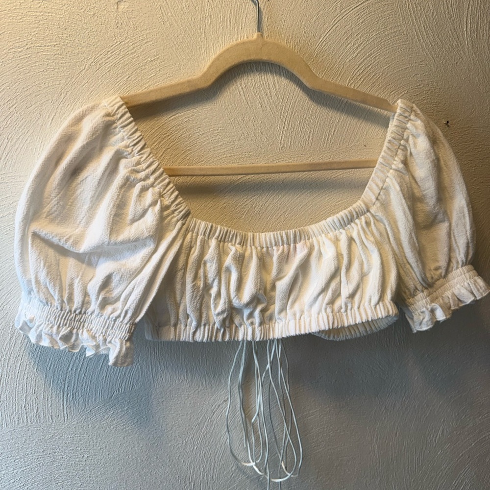White Puff Sleeve Tie Front Crop Top Size 6 Coquette Milkmaid Boho Cotton - Picture 3 of 5
